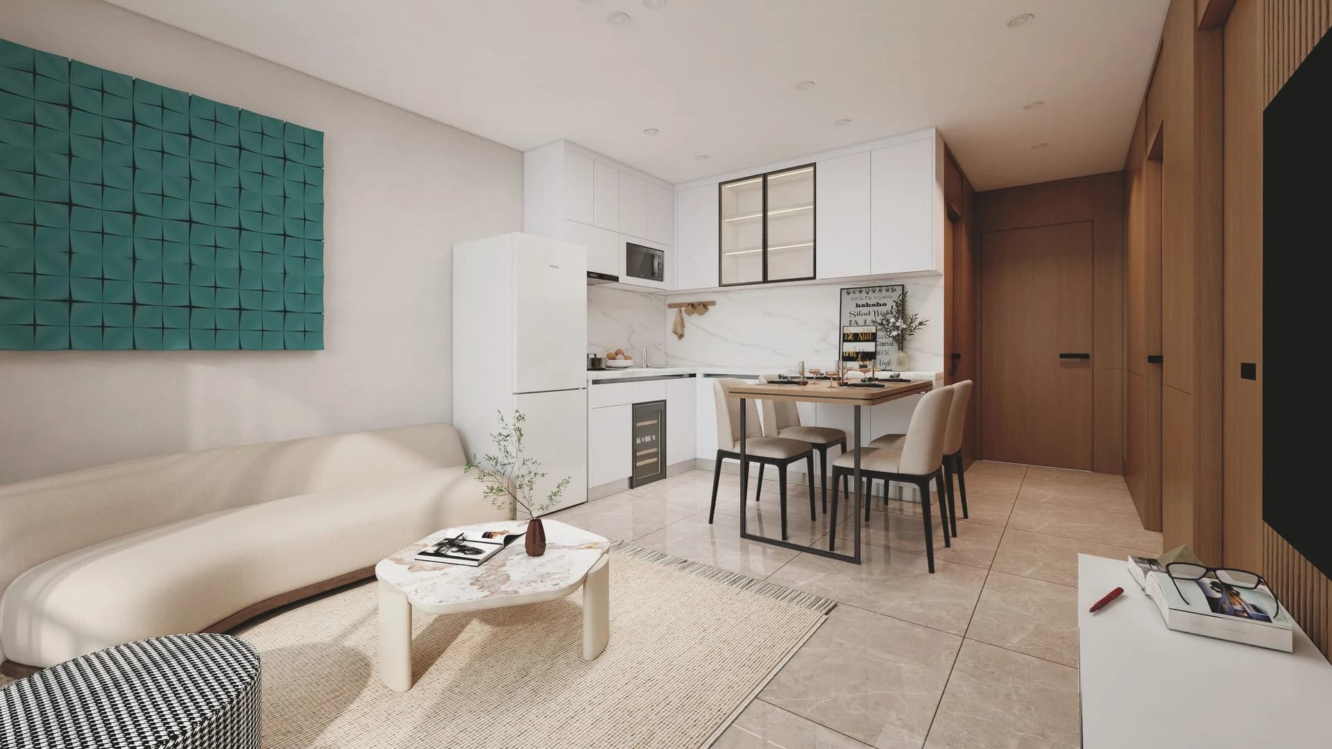 A 56 m² living and dining room: cream sofa, a dining table for four and the white kitchen with teal wall panels