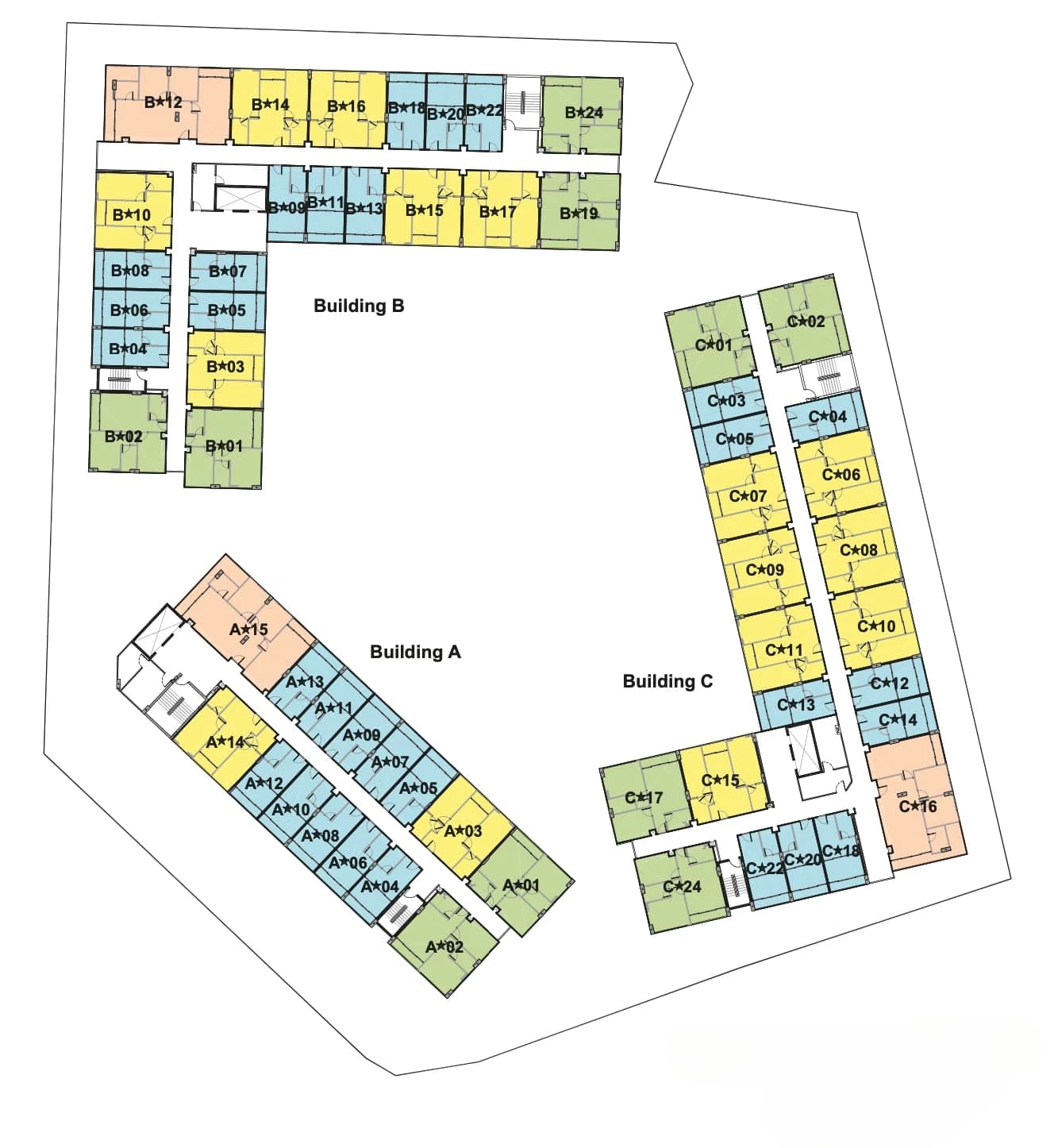 Floors 3 to 8: Buildings A, B and C with every home coloured by type