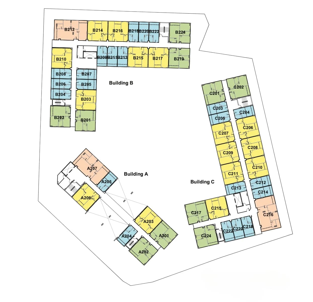 Floor 2: Buildings A, B and C with every home coloured by type