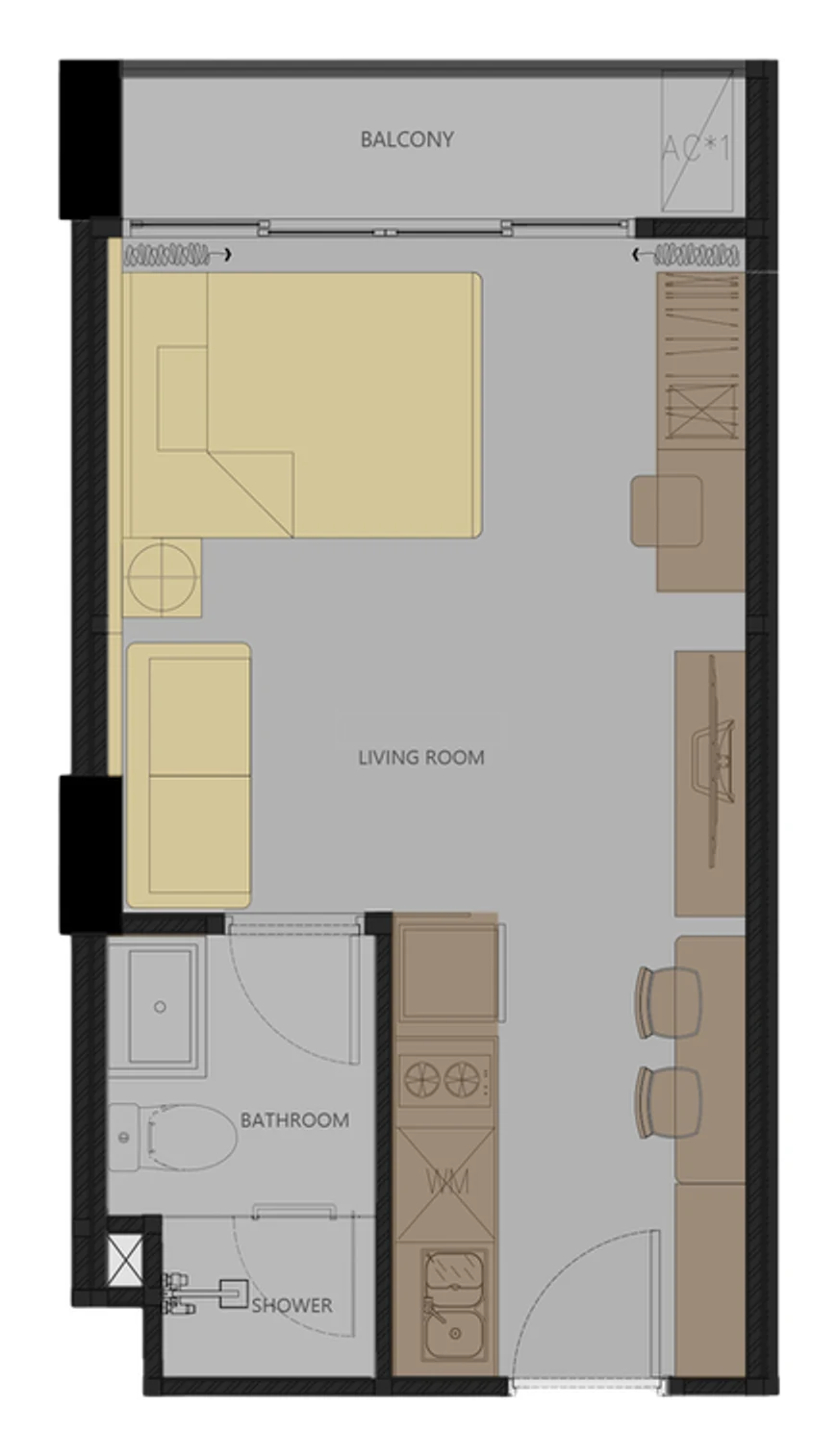 Type A plan, 28 m²: kitchen line and shower room by the entry, the room with the bed by the window, full-width balcony