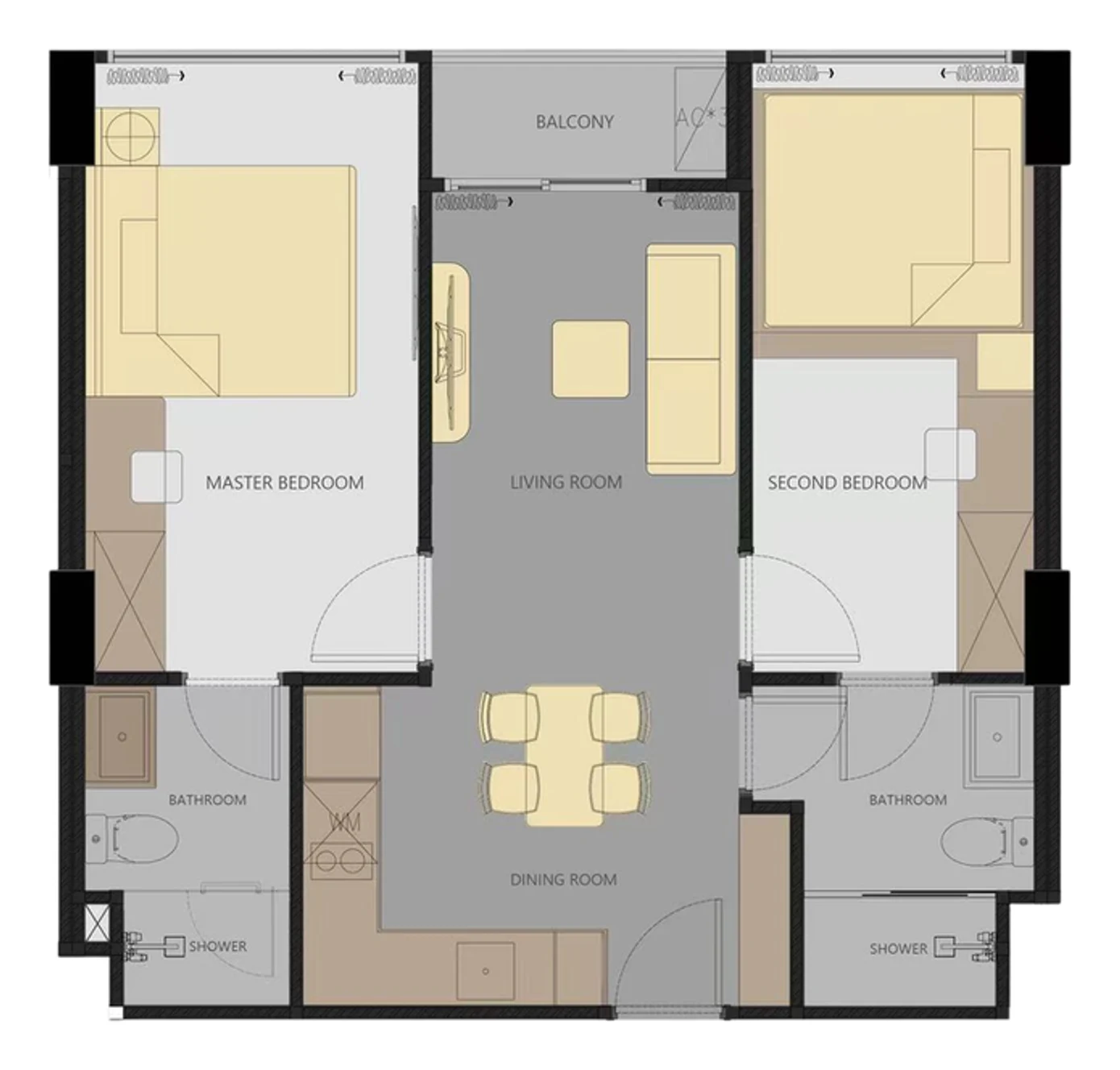 Type B plan, 56 m²: living and dining room with kitchen in the middle, a bedroom with its own bathroom on each side