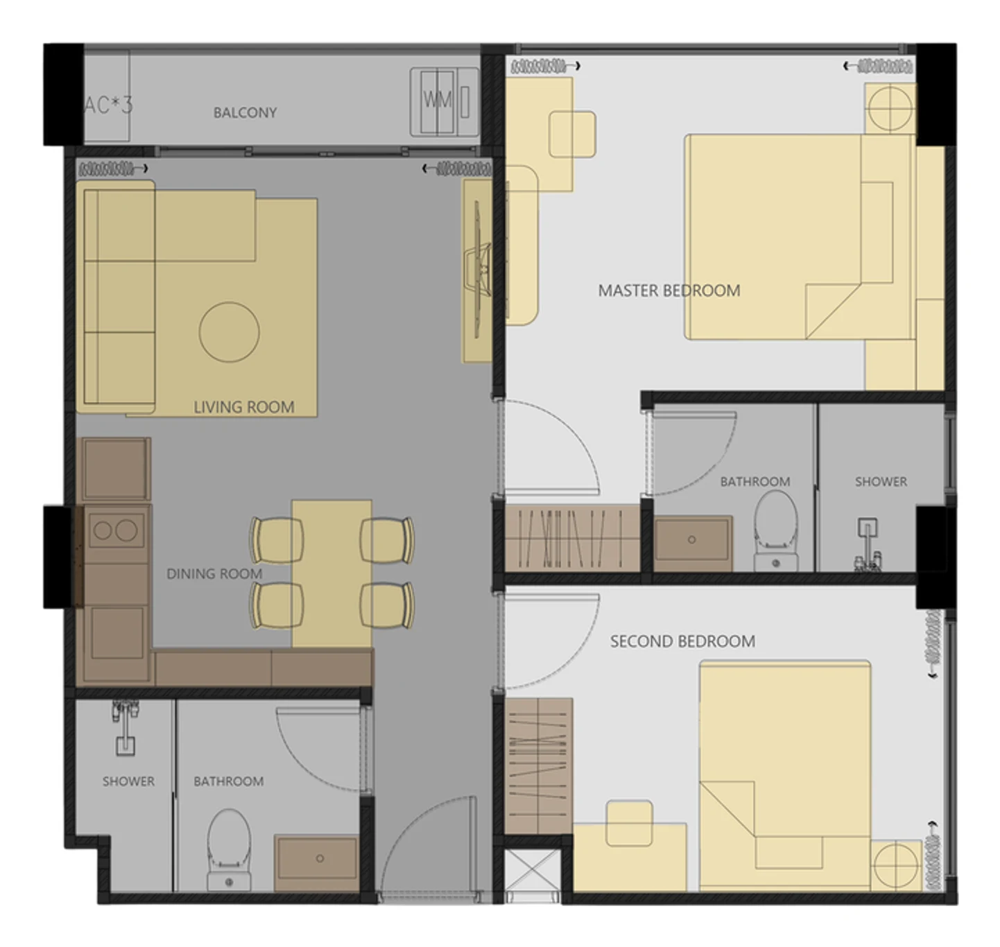 Type C plan, 56 m²: living, dining and kitchen on one side with the balcony, two bedrooms side by side on the other