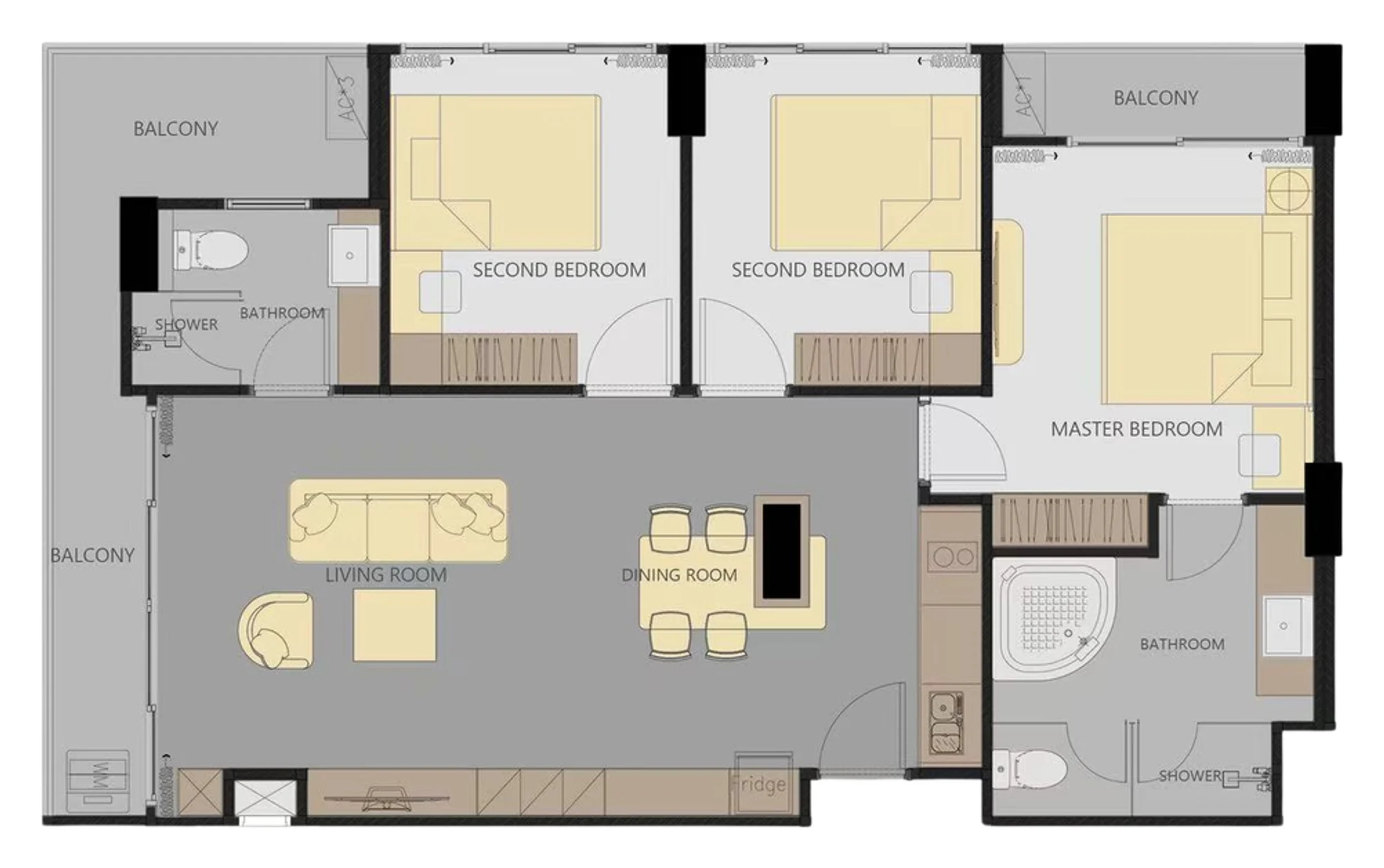 Type D plan, 92 m²: corner living room with island kitchen, two balconies, three bedrooms, master bathroom with a tub