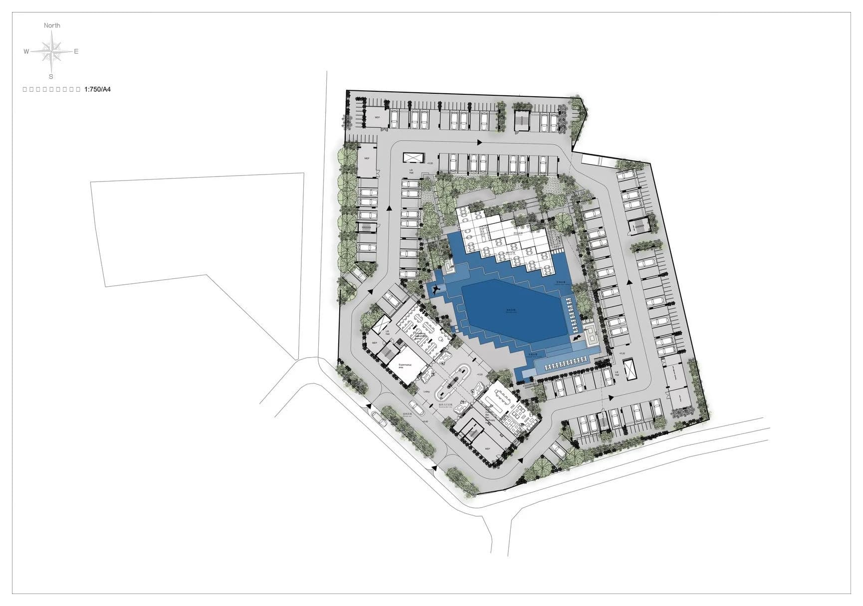 Ground-floor site plan: the pool courtyard in the middle, the ring road with parking, the lobby by the entrance